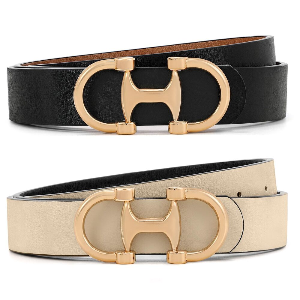 7578 Women Reversible Leather Belt Two-in-one Ladies Belts With Gold Buckle